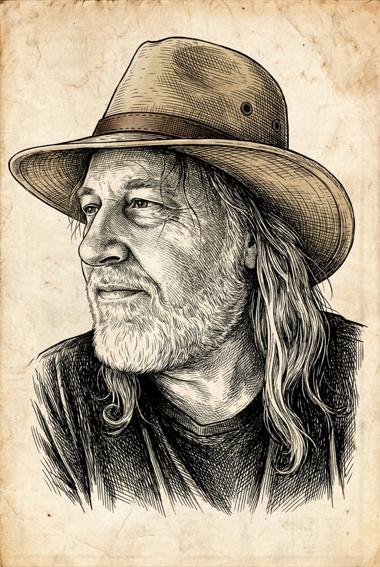 Illustrated portrait of Scott Quillin wearing a wide-brim hat